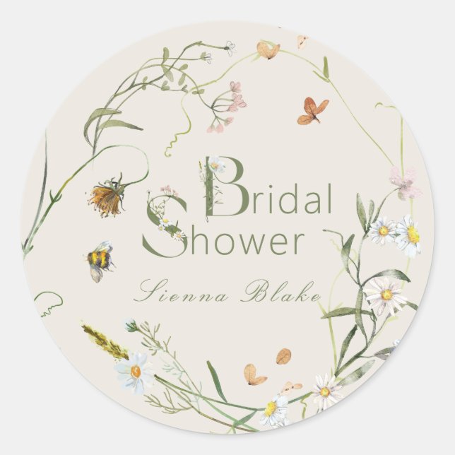 Boho Wildblume Bee Beige Brautparty Runder Aufkleber (Vorderseite)