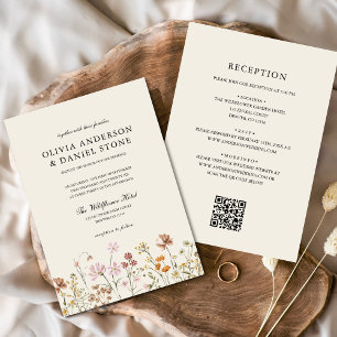 Boho Wildblume Beige All in One QR Code Wedding Einladung