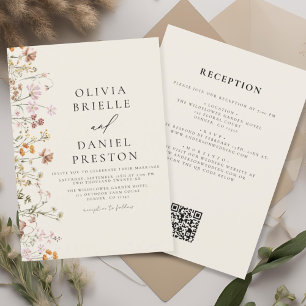 Boho Wildblume Beige All in One QR Code Wedding Einladung