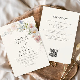 Boho Wildblume Beige All in One QR Code Wedding Einladung
