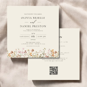 Boho Wildblume Beige All in One QR Code Wedding Einladung