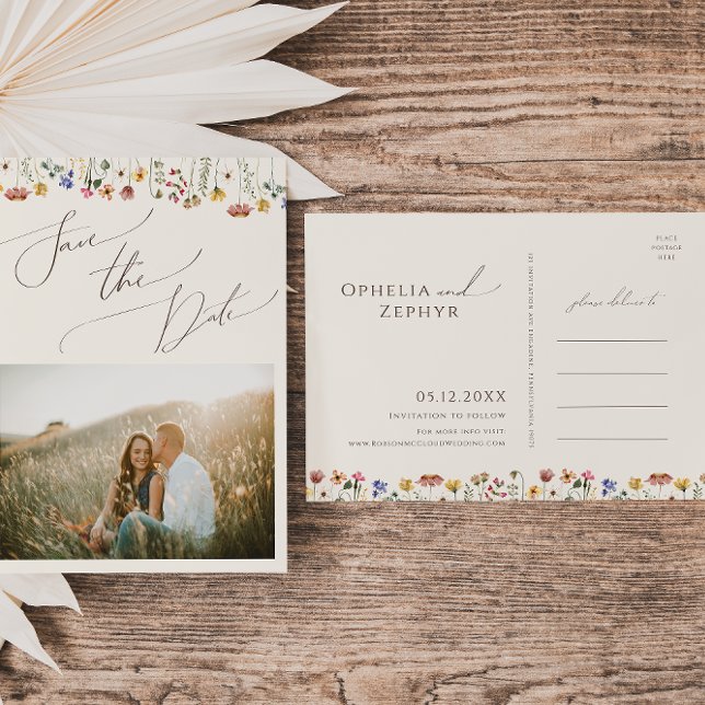 Boho Wildblume Beige Foto Save the Date Postkarte (Von Creator hochgeladen)