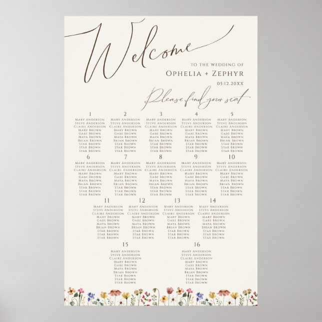 Boho Wildblume | Beige Tischnummer Sitzplan Poster (Vorne)
