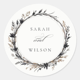 Boho Wildblume Black Brown Fall Wreath Wedding Runder Aufkleber