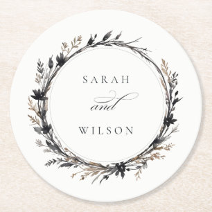 Boho Wildblume Black Brown Fall Wreath Wedding Runder Pappuntersetzer