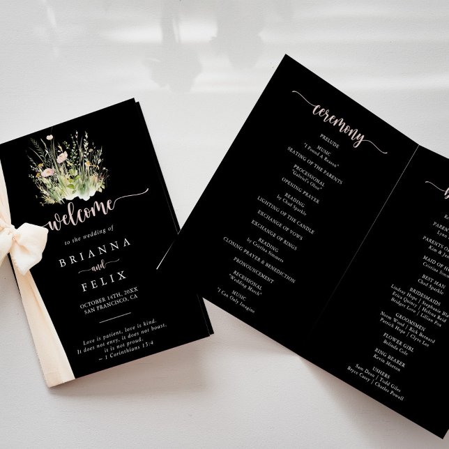 Boho Wildblume Black Folded Wedding Programm (Von Creator hochgeladen)