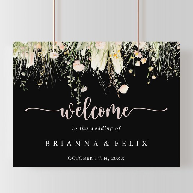 Boho Wildblume Black Wedding Begrüßungszeichen Poster (Von Creator hochgeladen)