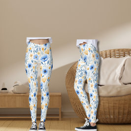 Boho Wildblume Blue Yellow Floral Yoga Leggings