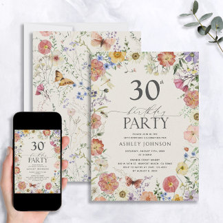 Boho Wildblume Blumenrahmen 30. Geburtstag Einladung