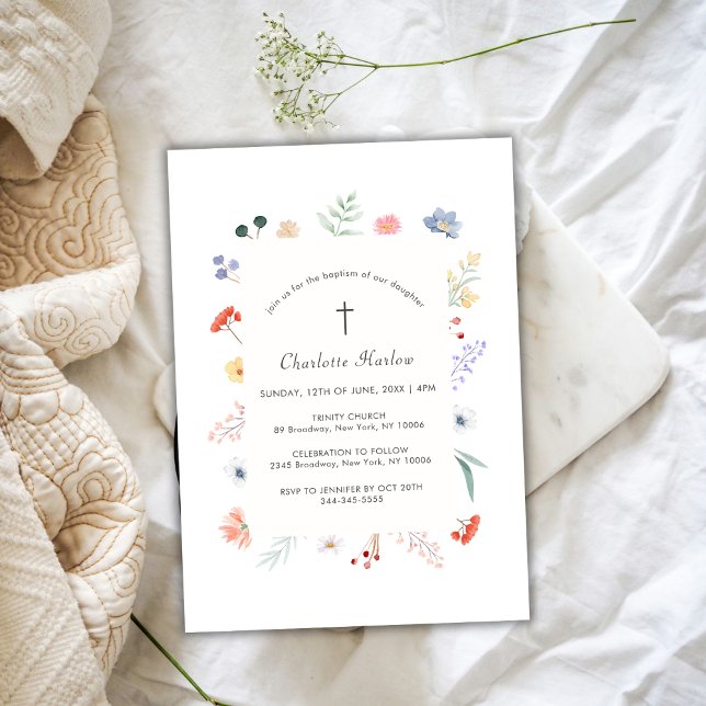 Boho Wildblume Blumenrahmen Kreuztaufen Einladung (Boho Wildflower Floral Frame Cross Baptism Invitation)