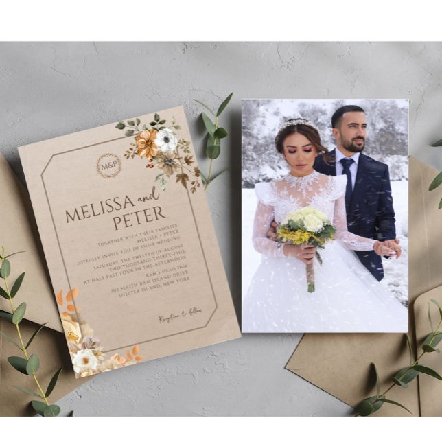 Boho Wildblume Brown Foto Wedding Einladung (Von Creator hochgeladen)