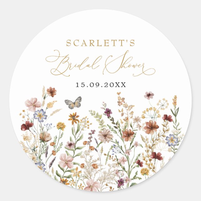 Boho Wildblume Butterfly Meadow Brautparty Runder Aufkleber (Vorderseite)