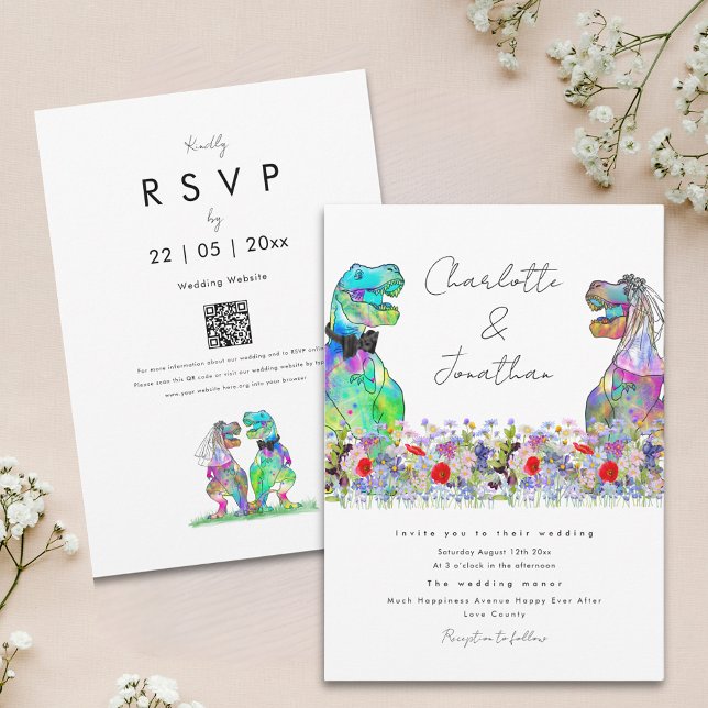 Boho Wildblume Dinosaur Themenhochzeit Einladung (Colorful wildflower boho dinosaur wedding invitation with qr code)