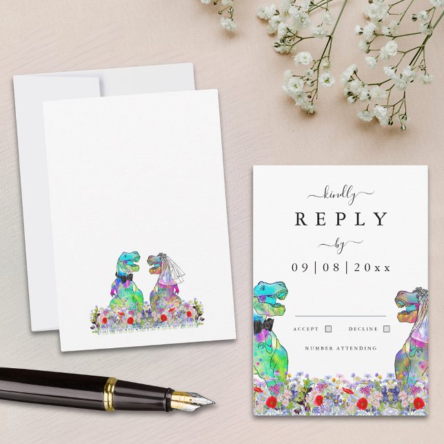 Boho Wildblume Dinosaur Wedding Reply RSVP Karte (Wildflower dinosaur wedding invitation rsvp enclosure card with T-Rex bride and groom)
