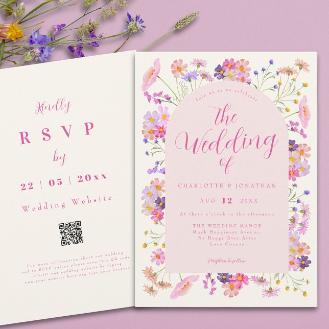 Boho Wildblume Elegant Pink QR Code Hochzeit Einladung (Boho wildflower pink script wedding qr code invitation )