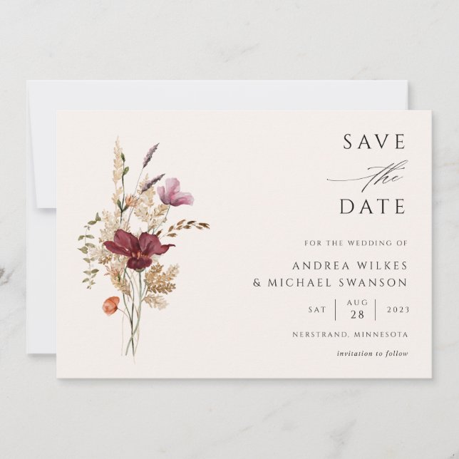 Boho Wildblume Elegante Hochzeit im Herbst Save The Date (Vorderseite)