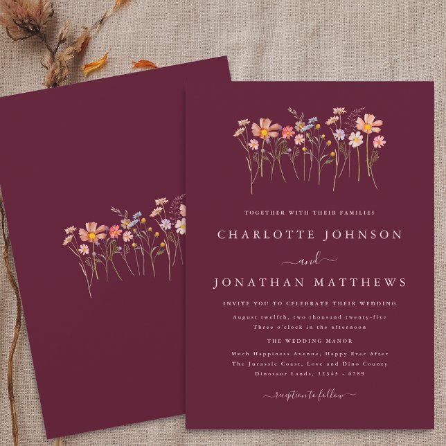 Boho Wildblume Fall Burgundy Blush Pink Wedding Einladung (Wildflower boho fall floral burgundy blush pink Wedding invitation Watercolor whimsical flowers)