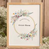 Boho Wildblume Fern Beige Wedge Guest Book Sign