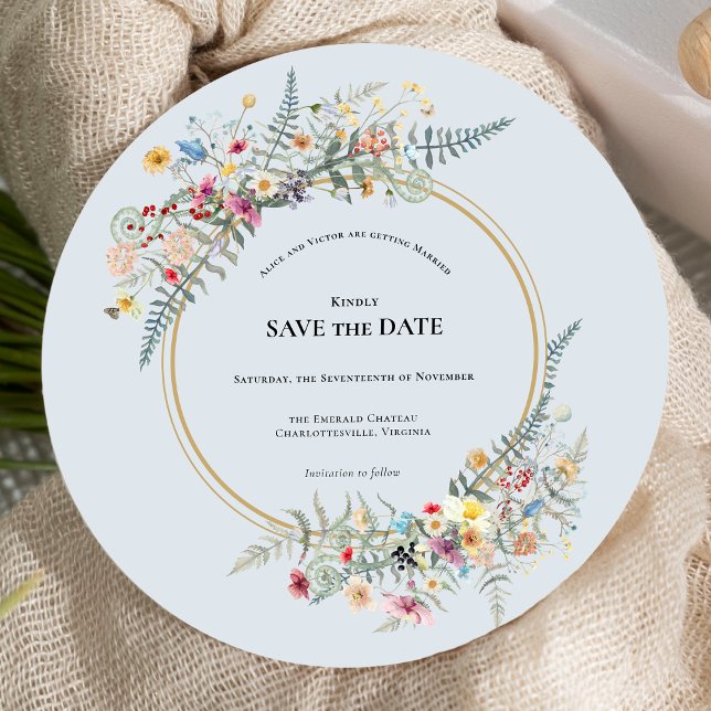 Boho Wildblume Fern Dusty Blue Wedding Round Save The Date (Von Creator hochgeladen)