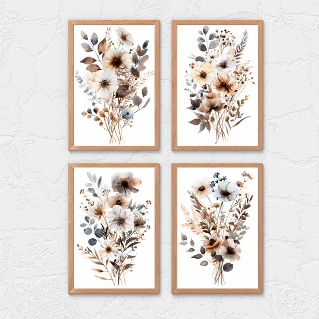 Boho Wildblume Floral Botanicals Blue Brown Beige Bilderwand Sets (Boho Wildflowers Blue Brown Beige Watercolor Floral Wall art set of 2, 3 or 4 prints)