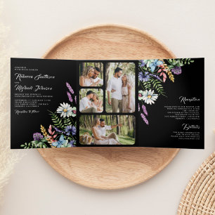 Boho Wildblume Foto All in One Black Wedding Dreifach Gefaltete Einladung
