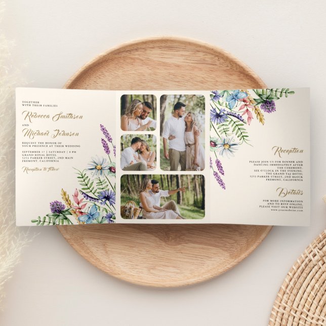 Boho Wildblume Foto All in One Cream Wedding Dreifach Gefaltete Einladung (Von Creator hochgeladen)