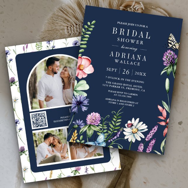 Boho Wildblume Foto QR Code Navy Brautparty Einladung (Von Creator hochgeladen)