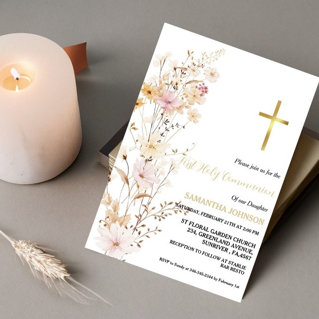 Boho Wildblume Grass Girl Erste Heilige Kommune Einladung (Von Creator hochgeladen)