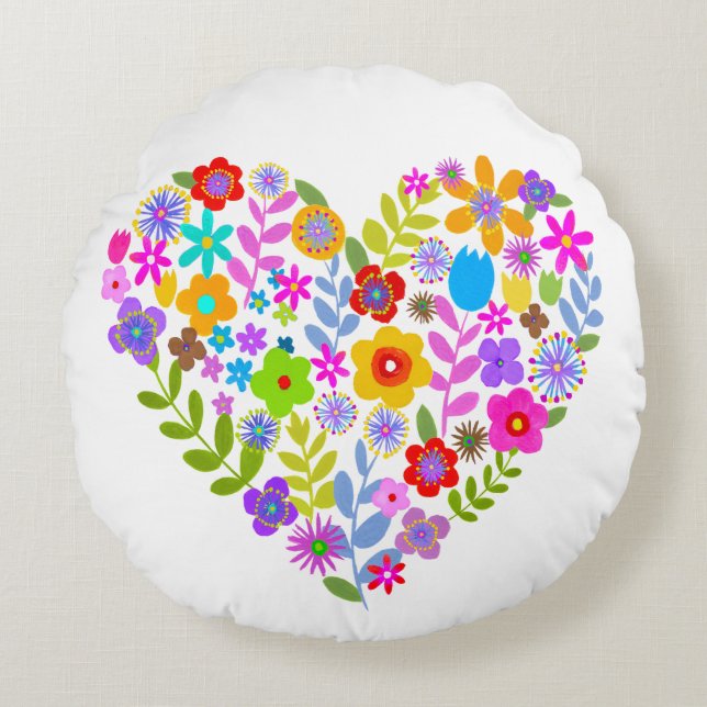 Boho Wildblume Herz Rundwurfpilz Rundes Kissen (Vorderseite)