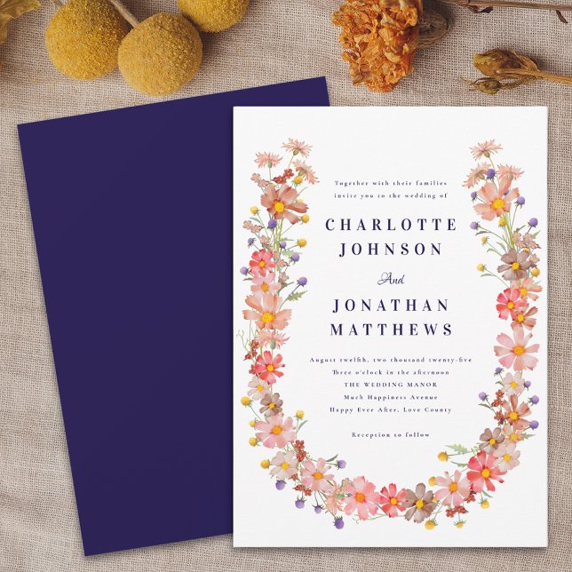 Boho Wildblume Hochzeit im Herbst Einladung (Boho fall floral wildflower wreath navy blue and white wedding invitation autumn colors Watercolor)