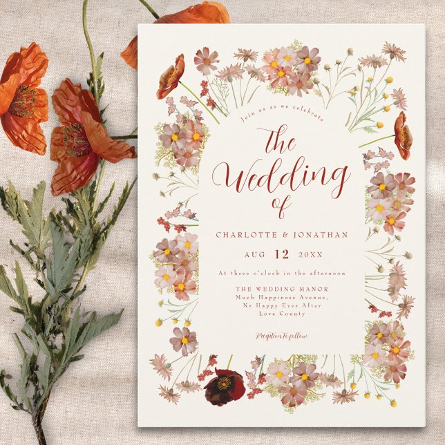 Boho Wildblume Hochzeit im Herbst Einladung (Elegant boho wildflower fall earthy tones wedding invitation )
