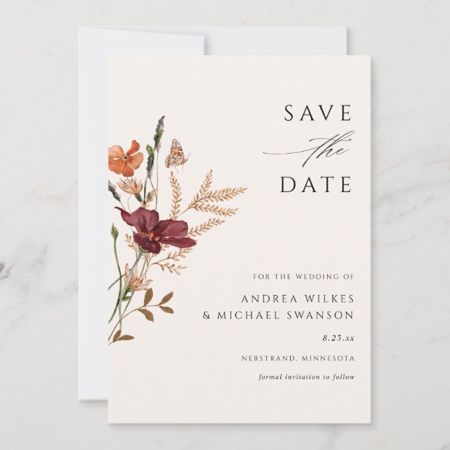 Boho Wildblume Hochzeit im Herbst Vintag Save The Date (Vorderseite)