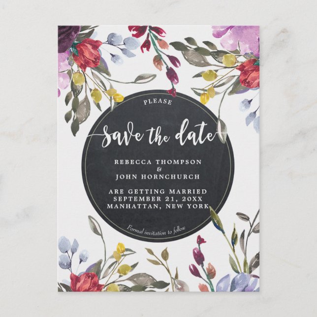 Boho Wildblume Hochzeit speichern Sie das Datum Po Ankündigungspostkarte (Vorderseite)