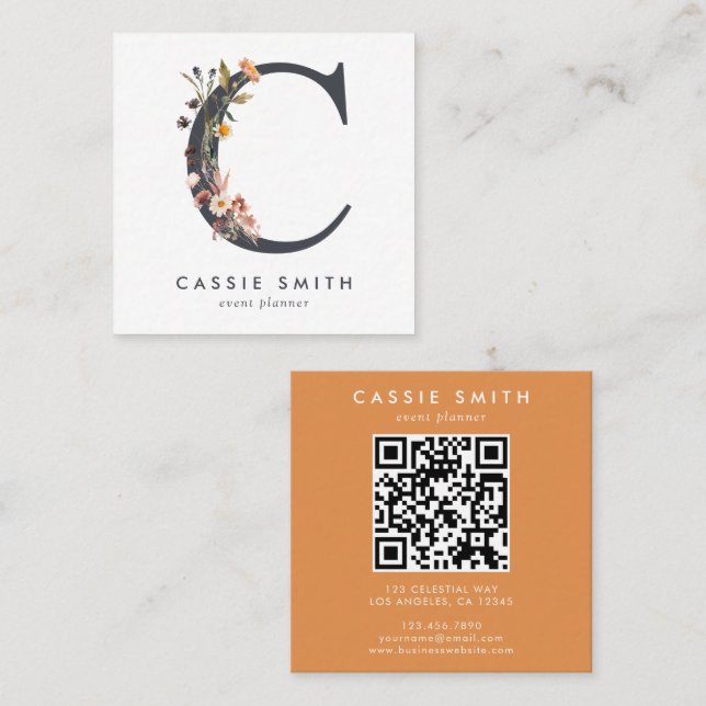 Boho Wildblume Initial C QR Code Quadratische Visitenkarte (Vorne/Hinten)