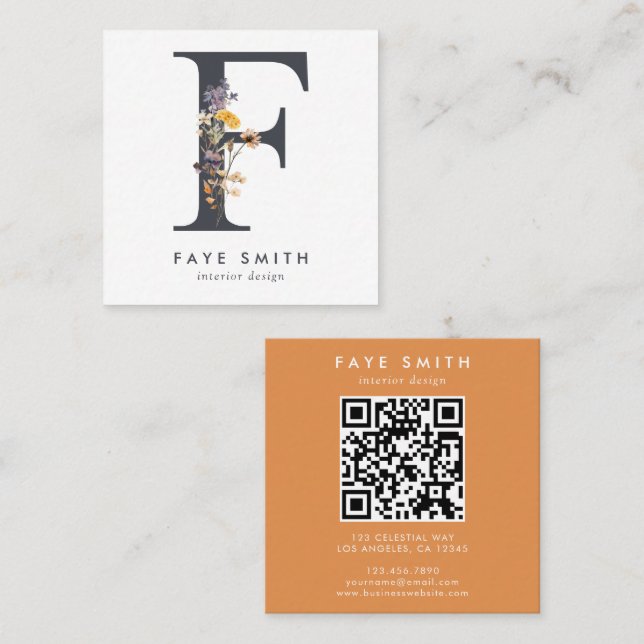 Boho Wildblume Initial F QR Code Quadratische Visitenkarte (Vorne/Hinten)