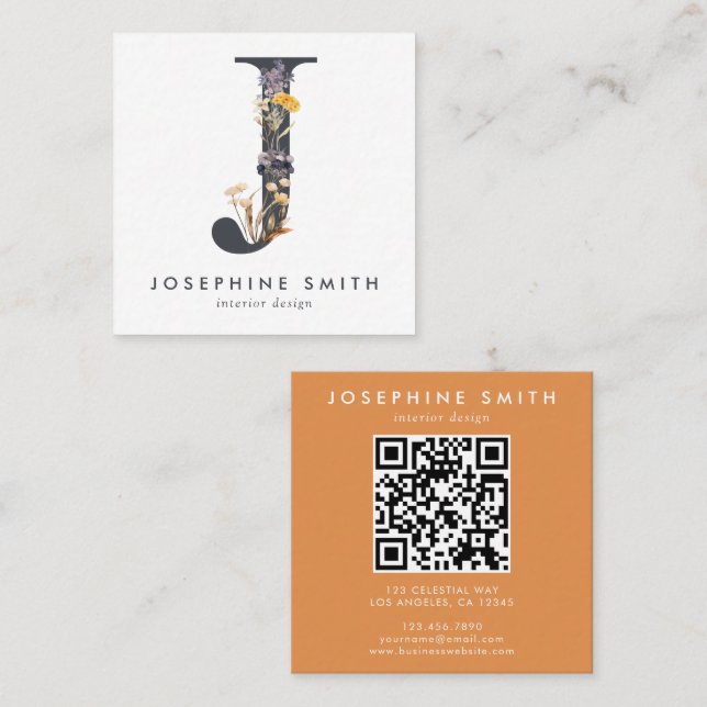 Boho Wildblume Initial J QR Code Quadratische Visitenkarte (Vorne/Hinten)