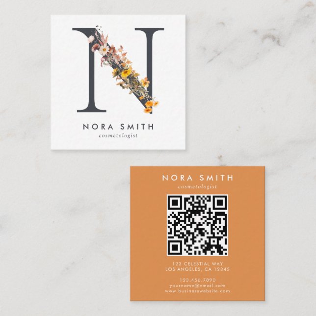 Boho Wildblume Initial N QR Code Quadratische Visitenkarte (Vorne/Hinten)