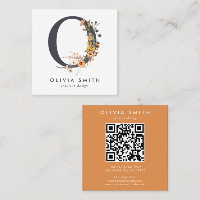 Boho Wildblume Initial O QR Code Quadratische Visitenkarte (Vorne/Hinten)