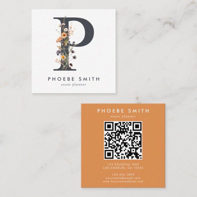 Boho Wildblume Initial P QR Code Quadratische Visitenkarte (Vorne/Hinten)