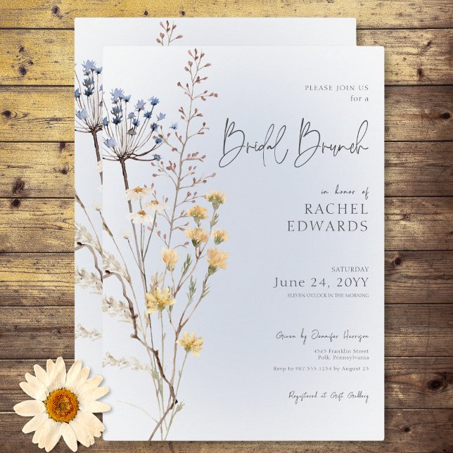 Boho Wildblume Modern Blue Bridal Brunch Einladung (Boho Wildflower Modern Blue Bridal Brunch Invitation)