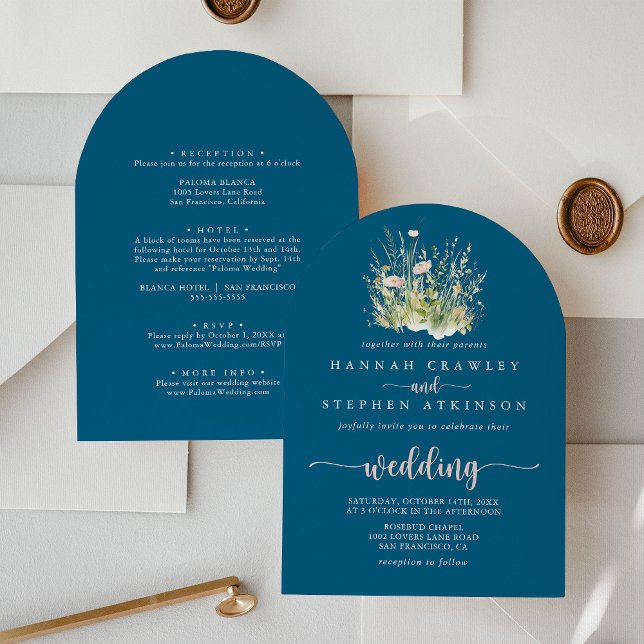 Boho Wildblume Navy Arch Front & Back Wedding Einladung (Von Creator hochgeladen)