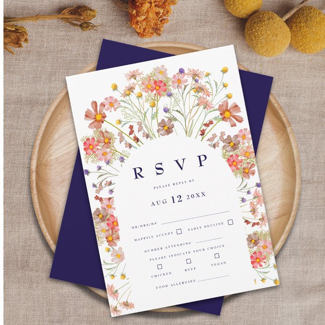 Boho Wildblume Navy Blue and White Wedding RSVP Karte (Boho fall rustic wildflower floral arch navy blue and white wedding RSVP card Watercolor flowers)