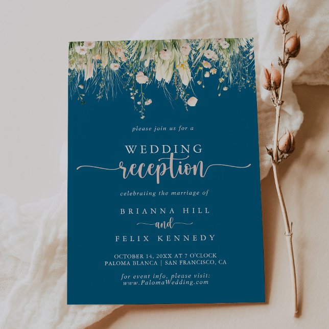 Boho Wildblume Navy Blue Wedding Reception Einladung (Von Creator hochgeladen)