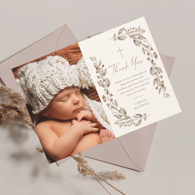 Boho Wildblume Neutrale Foto Taufe Vielen Dank Einladung (Boho wildflower elegant ivory gender neutral photo baptism thank you card.)