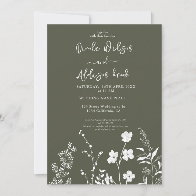 Boho Wildblume Olive Green Wedding Einladung (Vorderseite)
