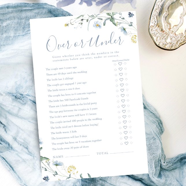 Boho Wildblume Over oder Under Brautparty (Boho Wildflower Over or Under bridal shower game)