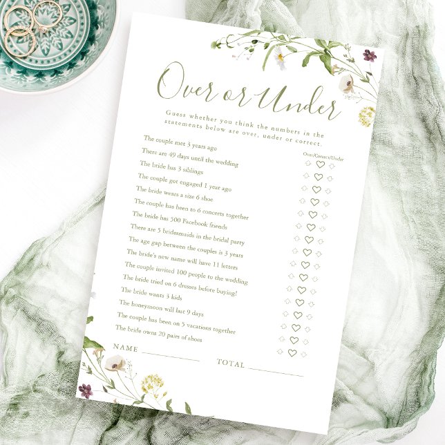 Boho Wildblume Over oder Under Brautparty (Boho Wildflower Over or Under bridal shower game)