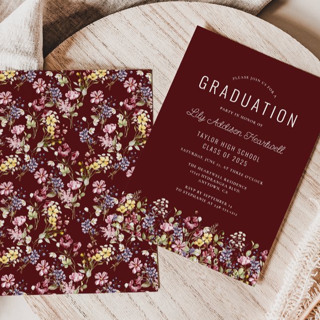 Boho Wildblume Pattern Burgundy Graduation Party Einladung (Von Creator hochgeladen)