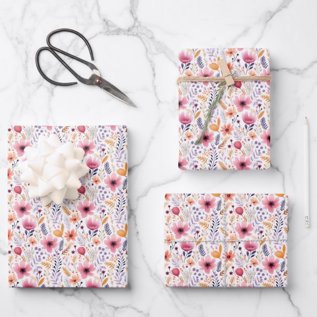 Boho Wildblume Pink Orange Birthday Baby Bridal Geschenkpapier Set (Vorderseite)