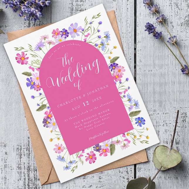 Boho Wildblume Pink Wedding Einladung (Wildflower boho hot pink script wedding invitation )